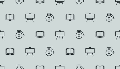 Seamless vector pattern with school bell, blackboard and book.