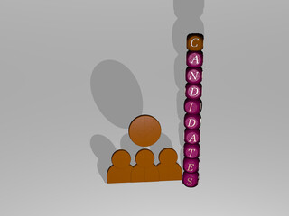 3D illustration of CANDIDATES graphics and text around the icon made by metallic dice letters for the related meanings of the concept and presentations. business and election