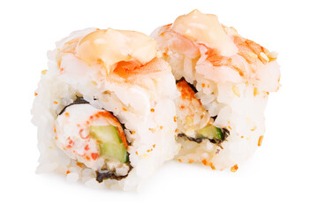 Sushi roll (California) with crab meat, avocado, cucumber isolated on white background. Japanese food