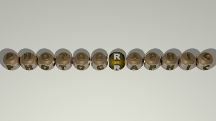 crosswords of PHOTOGRAPHIC arranged by cubic letters on a mirror floor, concept meaning and presentation. camera and background
