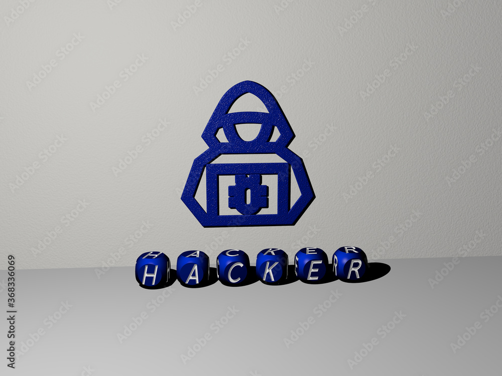 Poster 3D representation of HACKER with icon on the wall and text arranged by metallic cubic letters on a mirror floor for concept meaning and slideshow presentation. computer and data