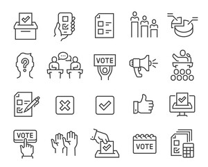 Voting and Election Icons Set. Collection of linear simple web icons such as Form, Online Voting, Debate, Candidate Rating, Vote Count and others. Editable vector stroke. - obrazy, fototapety, plakaty