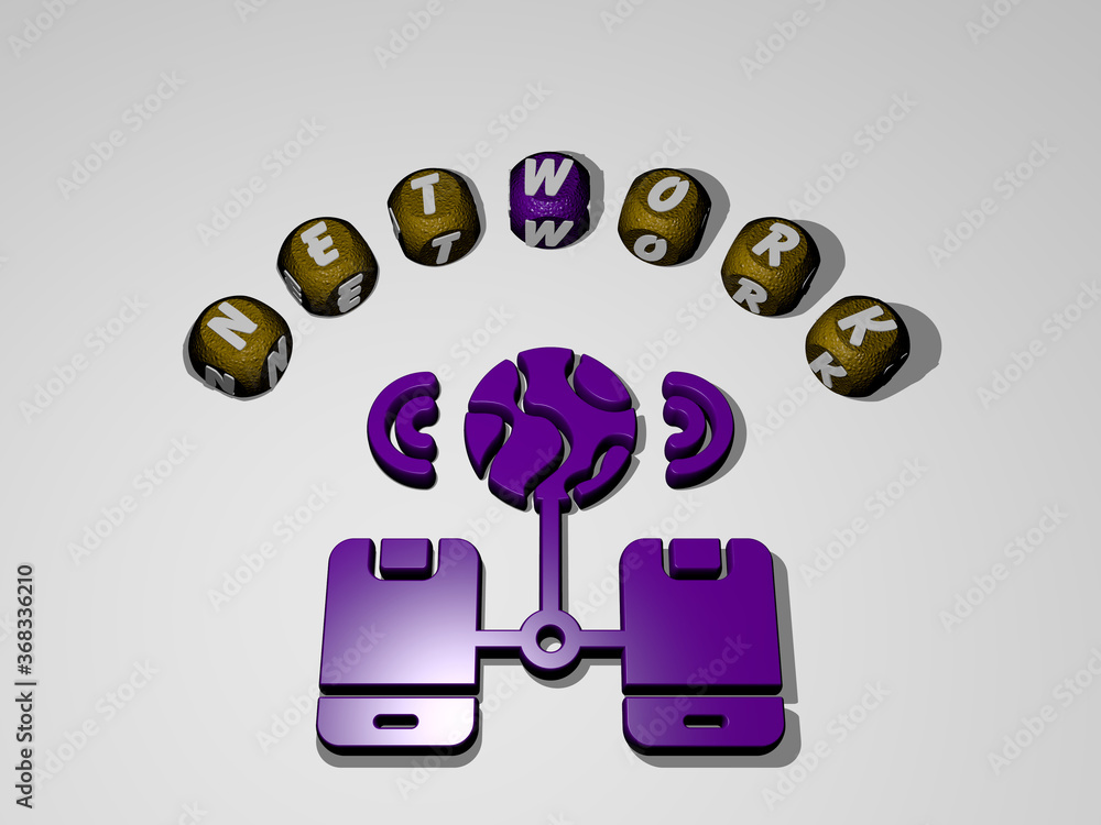 Poster 3d graphical image of network vertically along with text built around the icon by metallic cubic let