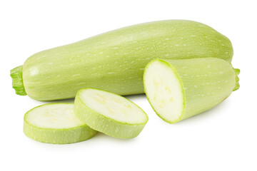 fresh green zucchini or marrow with slices isolated on white background