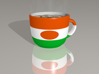 niger placed on a cup of hot coffee in a 3D illustration with realistic perspective and shadows mirrored on the floor