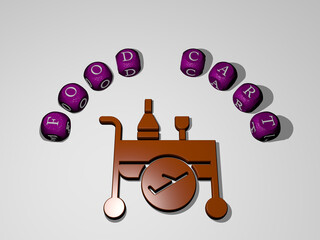 3D representation of FOOD CART with icon on the wall and text arranged by metallic cubic letters on a mirror floor for concept meaning and slideshow presentation. background and illustration
