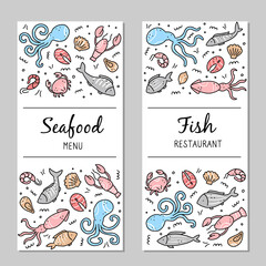 Hand drawn menu template of seafood elements, fish, lobster, oyster, octopus, shrimp. Doodle sketch style. Sea food element drawn by dogital pen. Vector illustration for icon, menu, recipe design.