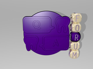 3D illustration of FORUM graphics and text around the icon made by metallic dice letters for the related meanings of the concept and presentations. rome and italy