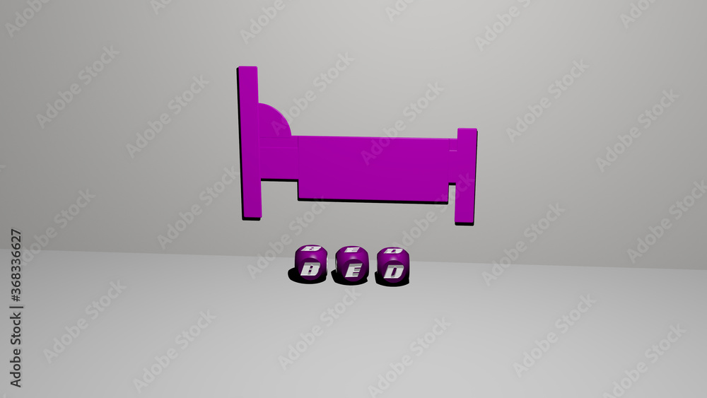 Poster 3d graphical image of bed vertically along with text built by metallic cubic letters from the top pe