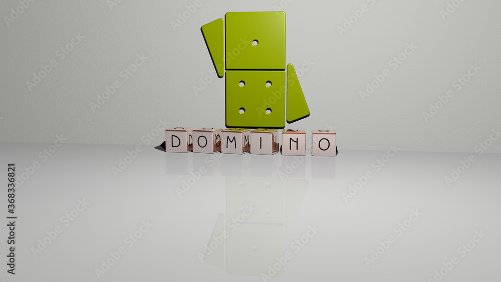 Aufkleber 3d representation of domino with icon on the wall and text arranged by metallic cubic letters on a m