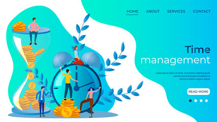 People hourglass and alarm clock.Time management.People on the background of a large clock, an hourglass with money.Effective workflow management.Time control.Landing page template.Flat vector 