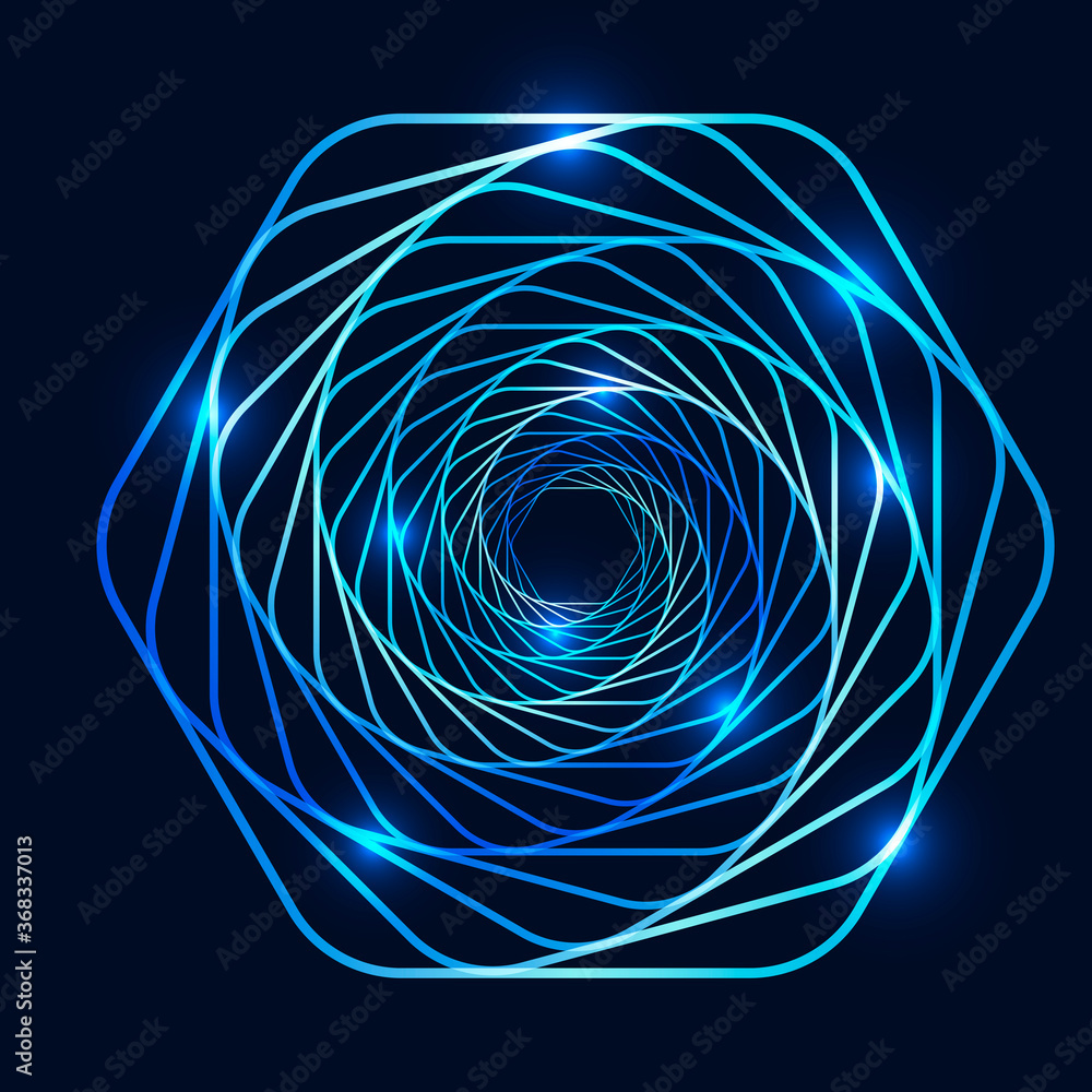 Poster swirling lighting symbol. optical illusion. twisted hexagon. 3d wireframe abstract tunnel. vector il