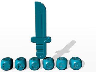 3D illustration of DAGGER graphics and text made by metallic dice letters for the related meanings of the concept and presentations. blade and background