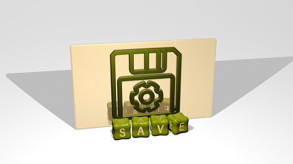 3D representation of SAVE with icon on the wall and text arranged by metallic cubic letters on a mirror floor for concept meaning and slideshow presentation. illustration and background