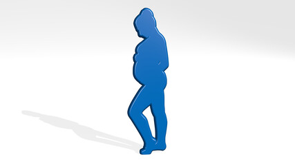pregnant woman from a perspective with the shadow. A thick sculpture made of metallic materials of 3D rendering. belly and baby