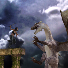 3d illustration of a woman with running toward a flying dragon with a sword in her hand to do battle with a cloudy starry sky in the background.