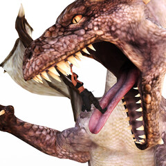 3d illustration of a huge flying dragon with a woman standing on the tongue inside an open mouth holding a sword to kill the beast.