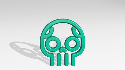 skull stand with shadow. 3D illustration of metallic sculpture over a white background with mild texture. black and dead