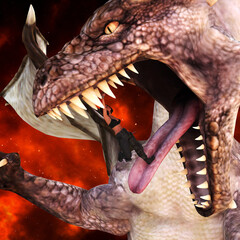 3d illustration of a huge flying dragon with a woman standing on the tongue inside an open mouth holding a sword to kill the beast.