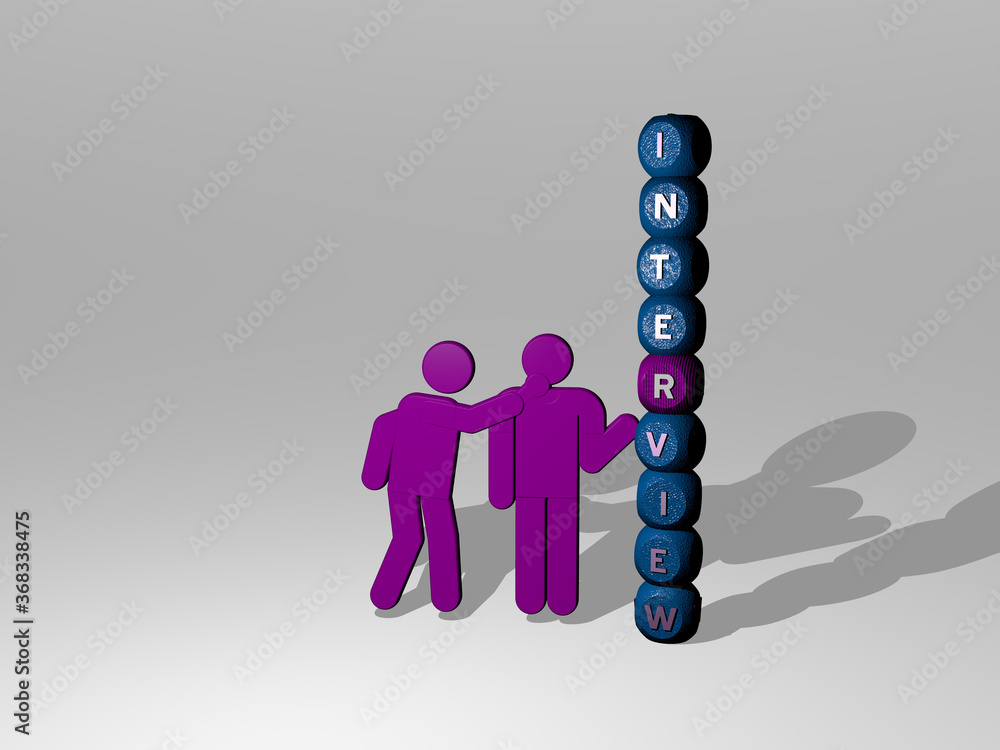 Poster 3d representation of interview with icon on the wall and text arranged by metallic cubic letters on 