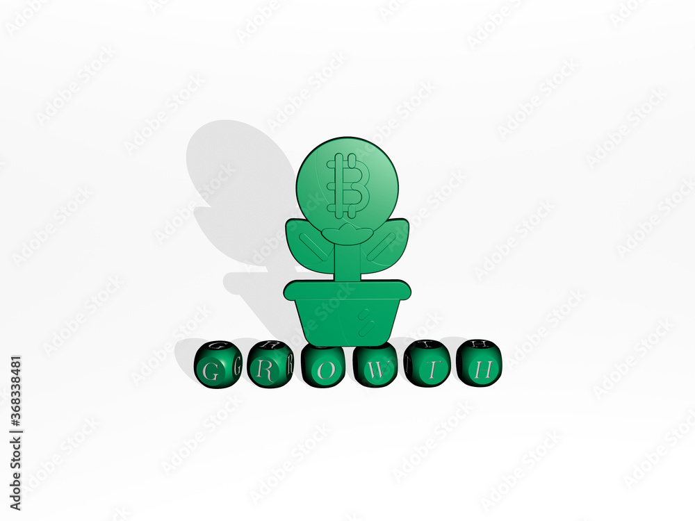 Poster 3d graphical image of growth vertically along with text built by metallic cubic letters from the top