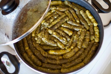 Home made stuffed grape leaves in the pot. It is the most famous Mediterranean food. It contains ground beef, rice and spices.
