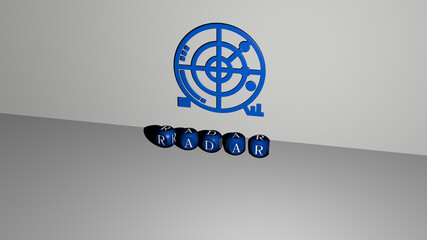 3D representation of RADAR with icon on the wall and text arranged by metallic cubic letters on a mirror floor for concept meaning and slideshow presentation. illustration and background
