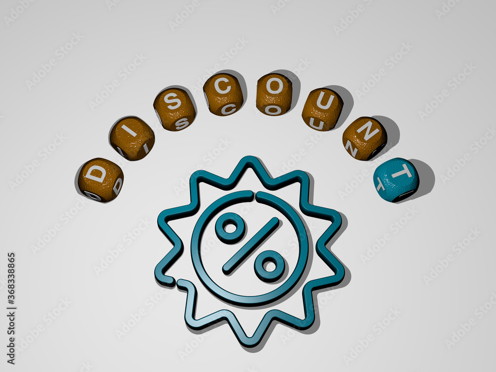 Poster 3d representation of discount with icon on the wall and text arranged by metallic cubic letters on a