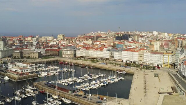 Harbour in A Coruna. Beautiful coastal city in Galicia,Spain. Aerial Drone Footage
