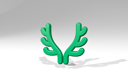 DEER ANTLERS made by 3D illustration of a shiny metallic sculpture with the shadow on light background. animal and christmas