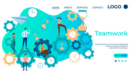 Teamwork.The concept of business development.A symbol of team partnership and collaboration.People are gears and clocks.Time control.The template of the landing page.Flat vector illustration.