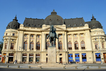 Fototapeta na wymiar Equestrian statue of King Carol I outside the University Library bearing his name, Bucharest, Romania