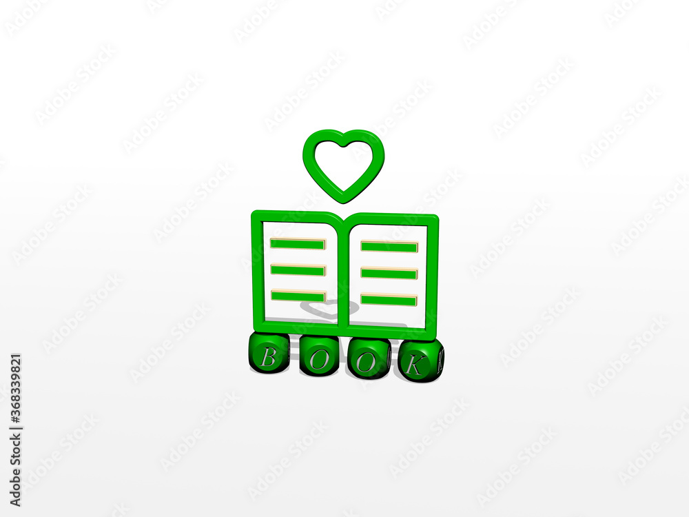 Poster 3d illustration of book graphics and text made by metallic dice letters for the related meanings of 