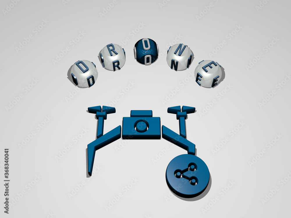 Poster 3D graphical image of drone vertically along with text built around the icon by metallic cubic letters from the top perspective, excellent for the concept presentation and slideshows. aerial and view