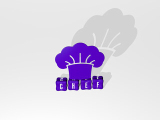 3D graphical image of CHEF vertically along with text built by metallic cubic letters from the top perspective, excellent for the concept presentation and slideshows. cook and cooking