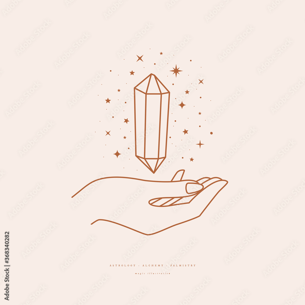 Aufkleber magic quartz stone sparkles and hovers above the hand. magic crystal in trendy linear style on light