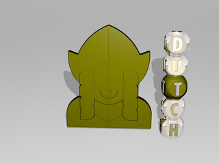 3D representation of DUTCH with icon on the wall and text arranged by metallic cubic letters on a mirror floor for concept meaning and slideshow presentation. netherlands and amsterdam