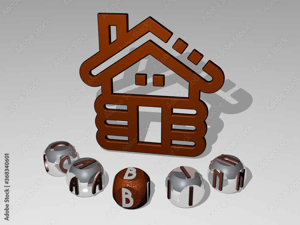 Poster 3d graphical image of cabin vertically along with text built around the icon by metallic cubic lette
