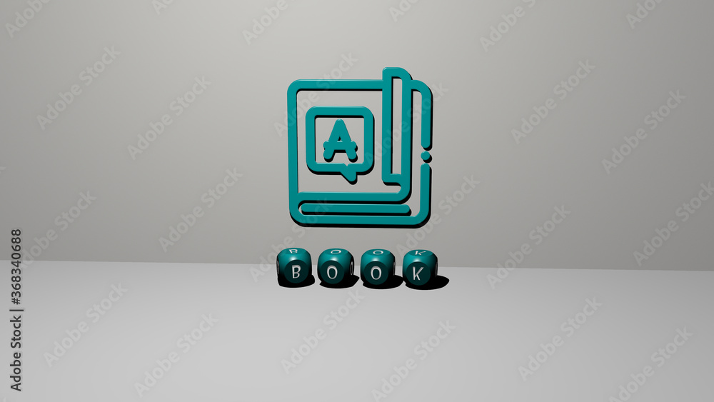 Poster 3d graphical image of book vertically along with text built by metallic cubic letters from the top p