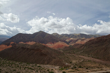 Aerial view of the colorful mountains, desert and valley in Tilcara, Argentina.