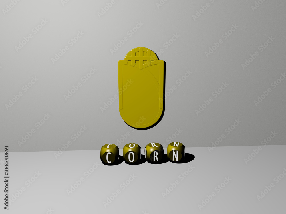 Poster 3D representation of corn with icon on the wall and text arranged by metallic cubic letters on a mirror floor for concept meaning and slideshow presentation. background and agriculture