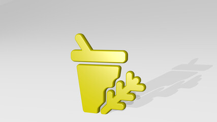 tea herbal to go from a perspective with the shadow. A thick sculpture made of metallic materials of 3D rendering. background and cup