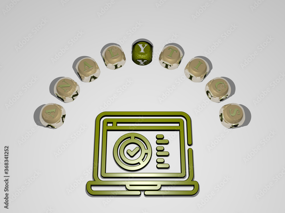 Poster 3d illustration of analytics graphics and text around the icon made by metallic dice letters for the