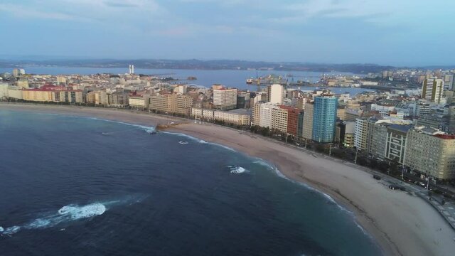 Beach in Riazor. A Coruna. Galicia,Spain. Aerial Drone Footage