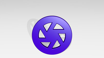 lens shutter made by 3D illustration of a shiny metallic sculpture with the shadow on light background. camera and flare