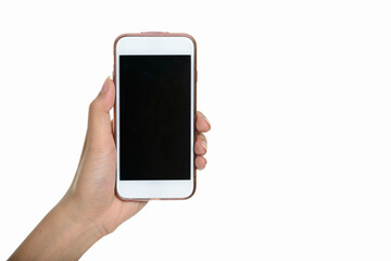 Portrait of hand holding smart phone against white background