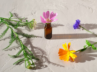 Aromatherapy brown bottle and flowers on white textured background as naturpathy concept