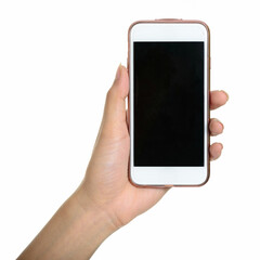 Portrait of hand holding smart phone against white background
