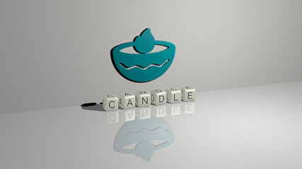 3D representation of candle with icon on the wall and text arranged by metallic cubic letters on a mirror floor for concept meaning and slideshow presentation. background and illustration