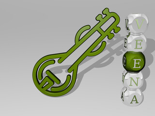 3D illustration of veena graphics and text around the icon made by metallic dice letters for the related meanings of the concept and presentations